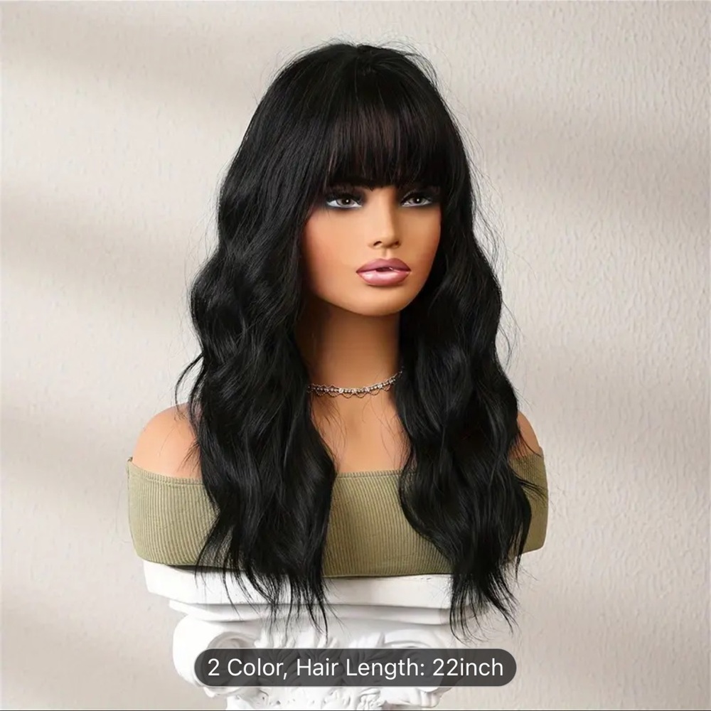 22 inches black wig with bangs synthetic